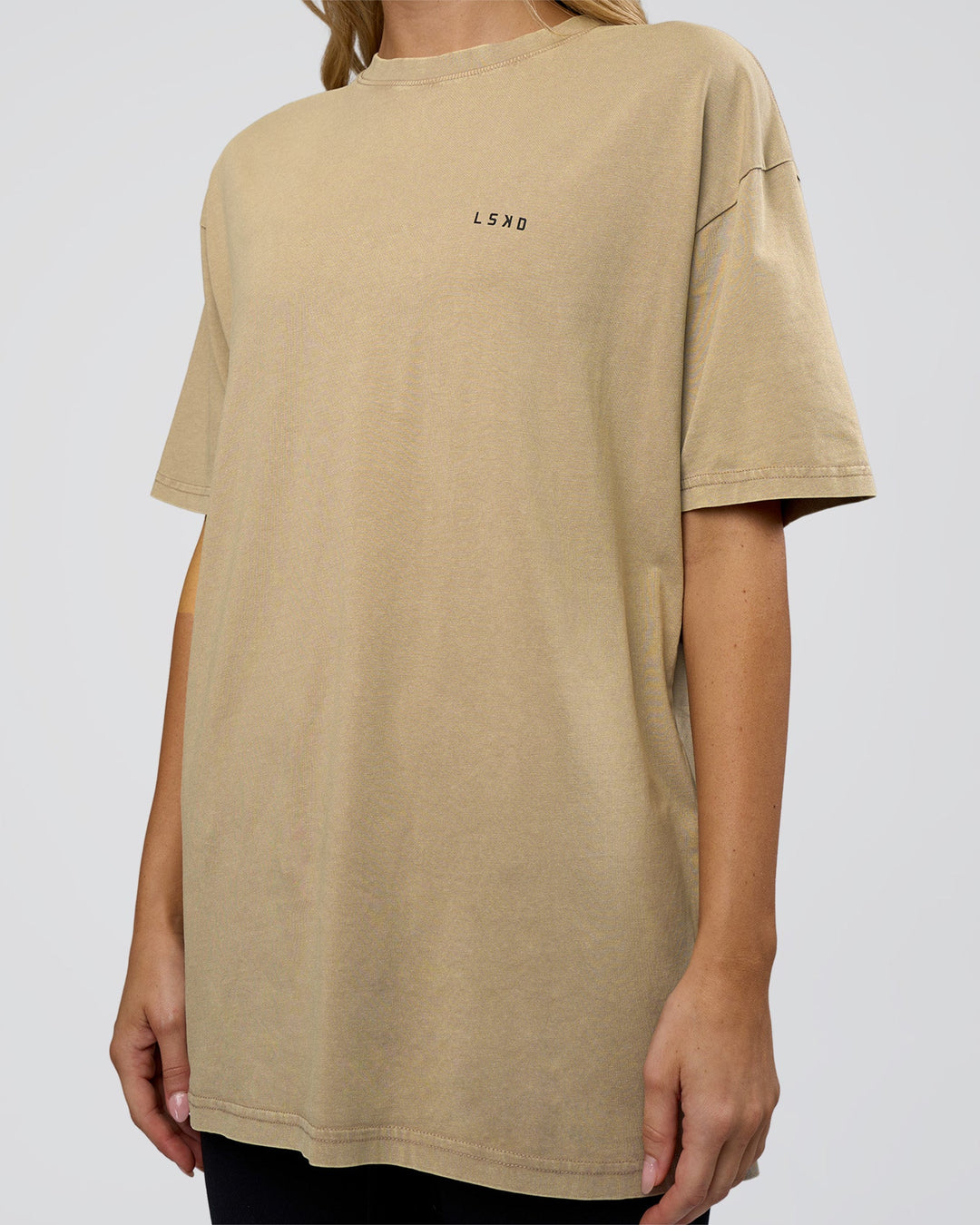 Woman wearing We Love This  FLXCotton Oversized Tee - Greige Washed-Black | Model:Leilani | Size:XS