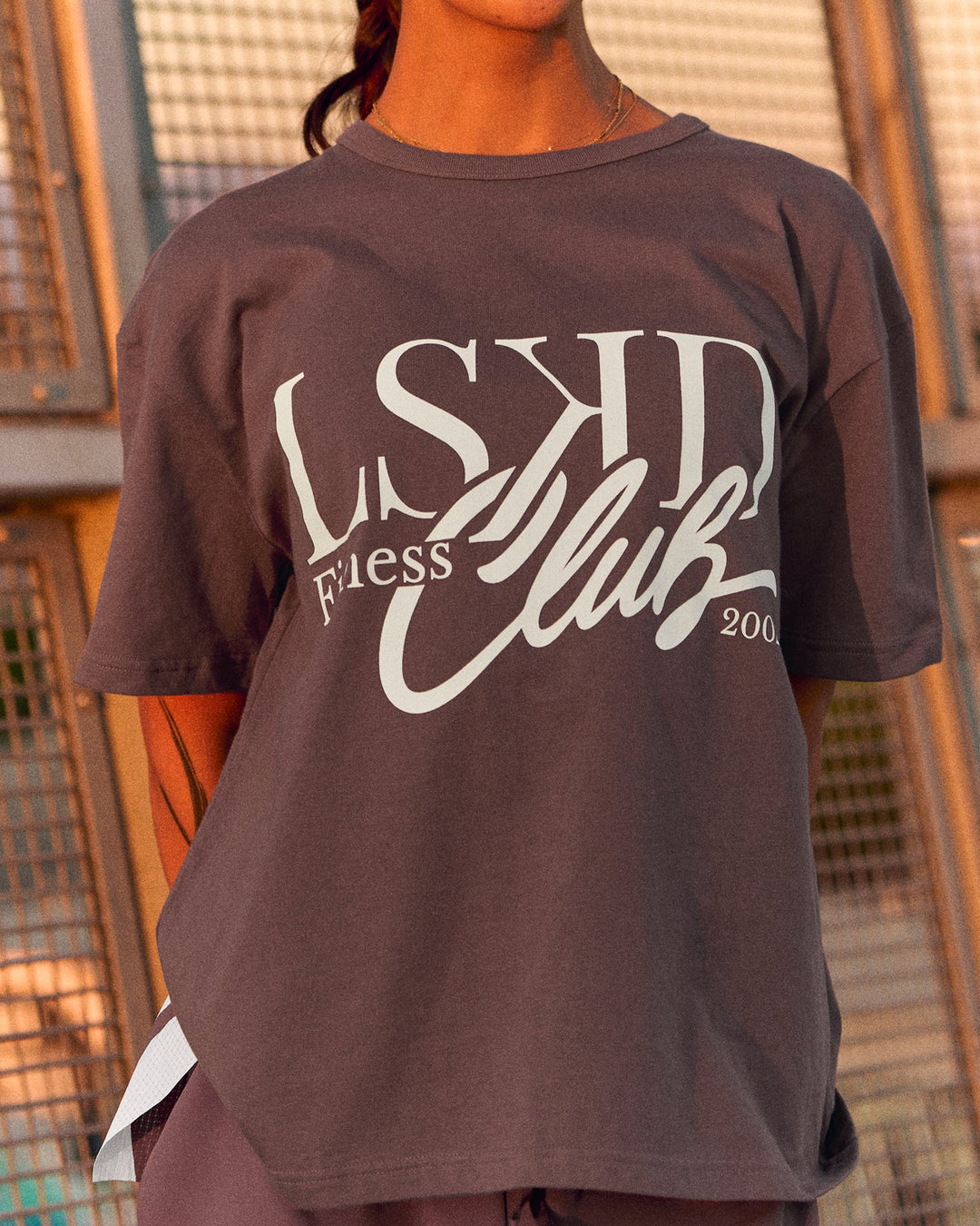 Campaign image of LSKD Fitness Club Heavyweight Oversized Tee - Cocoa Powder-Off White - view 1