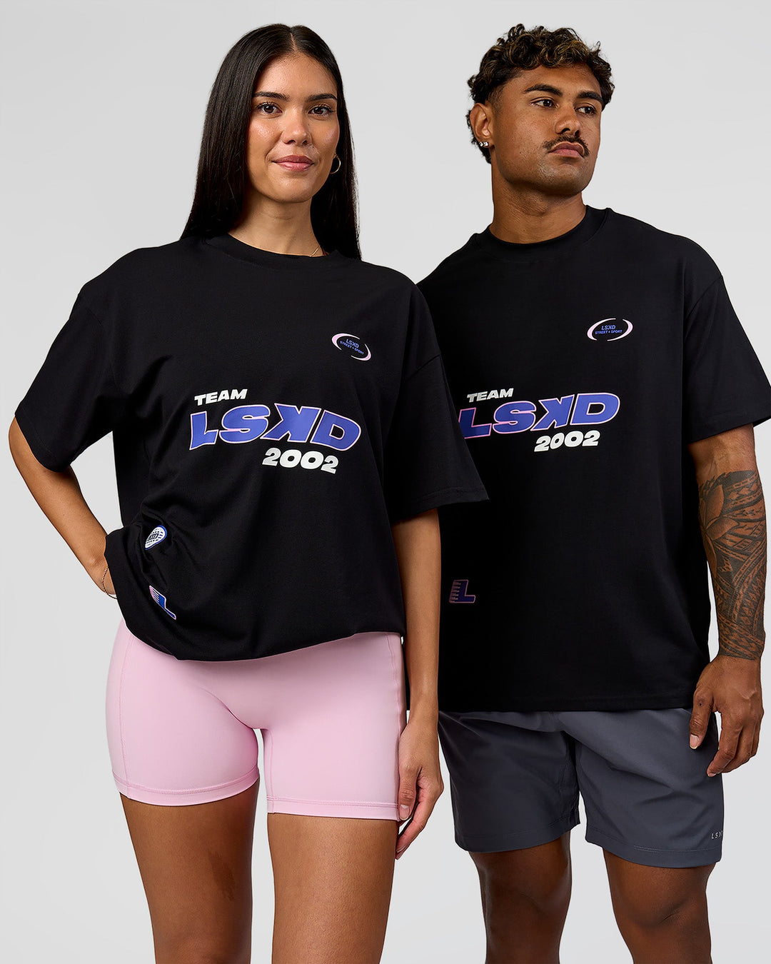 Duo wearing League Heavyweight FLXCotton Oversized Tee - Black-Power Cobalt | Model:Xav | Size:L | Model:Rhiley | Size:XS - view 10