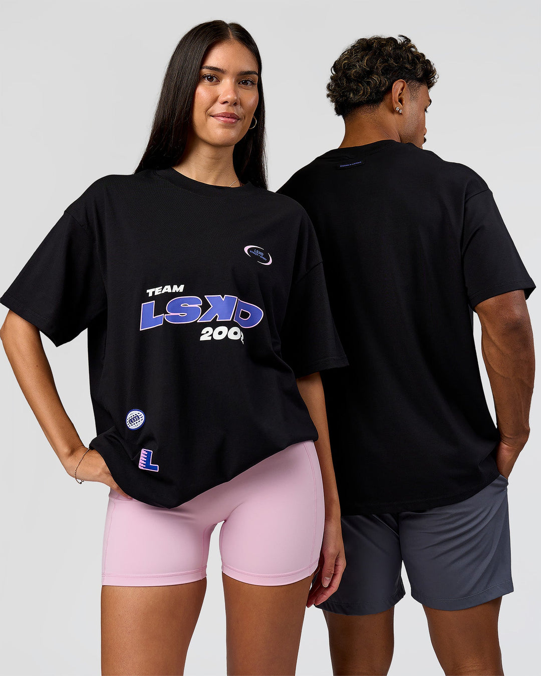 Duo wearing League Heavyweight FLXCotton Oversized Tee - Black-Power Cobalt | Model:Xav | Size:L | Model:Rhiley | Size:XS - view 1
