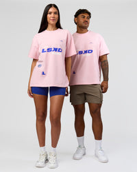 Duo wearing League Heavyweight FLXCotton Oversized Tee - Marshmallow-Power Cobalt | Model:Xav | Size:L | Model:Rhiley | Size:XS | Thumbnail Index: 1