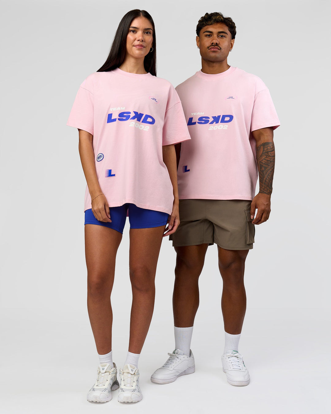 Duo wearing League Heavyweight FLXCotton Oversized Tee - Marshmallow-Power Cobalt | Model:Xav | Size:L | Model:Rhiley | Size:XS - view 6