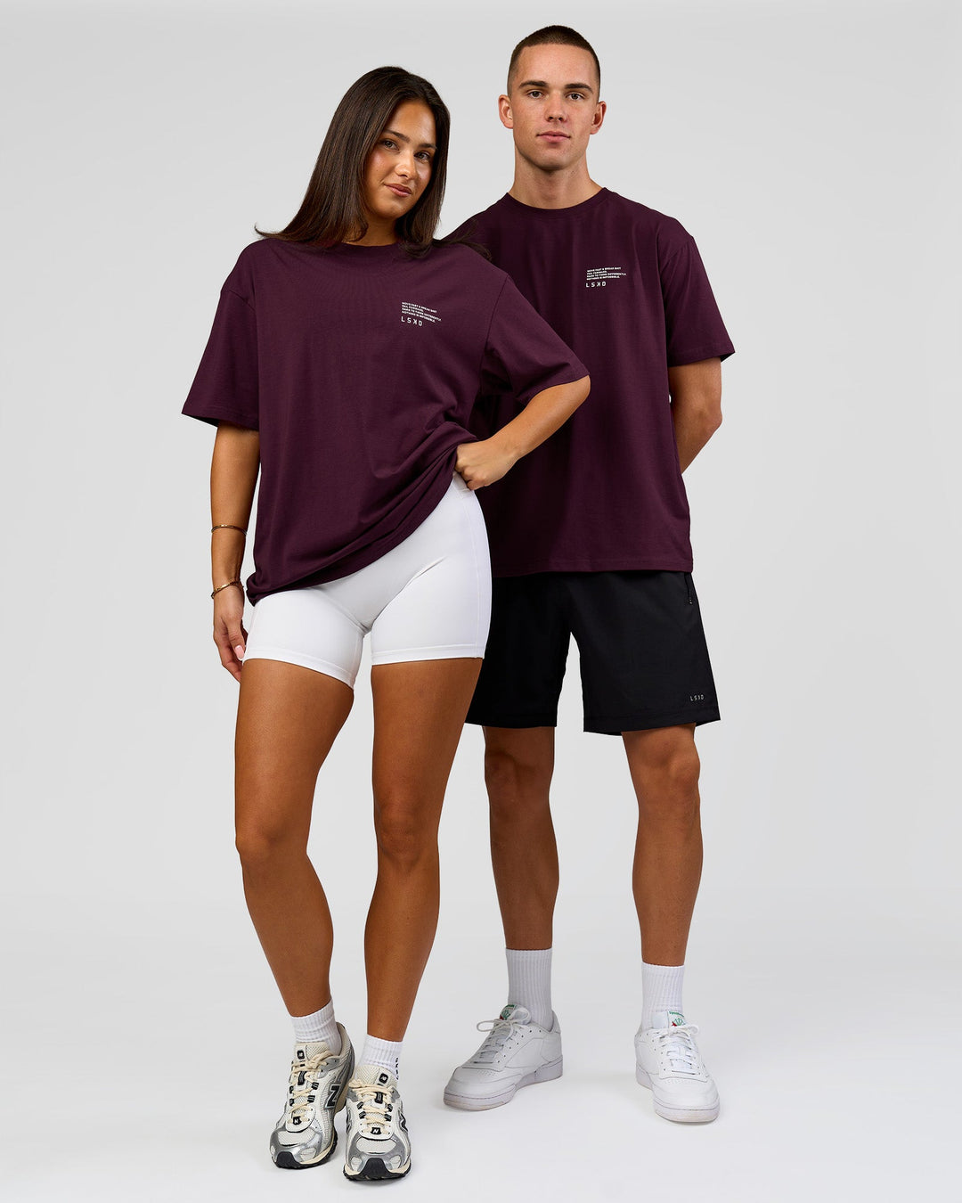 Duo wearing Coffee Run FLXCotton Oversized Tee - Cherry Lacquer-Black | Model:Albert | Size:M | Model:Bianca | Size:XS - view 7