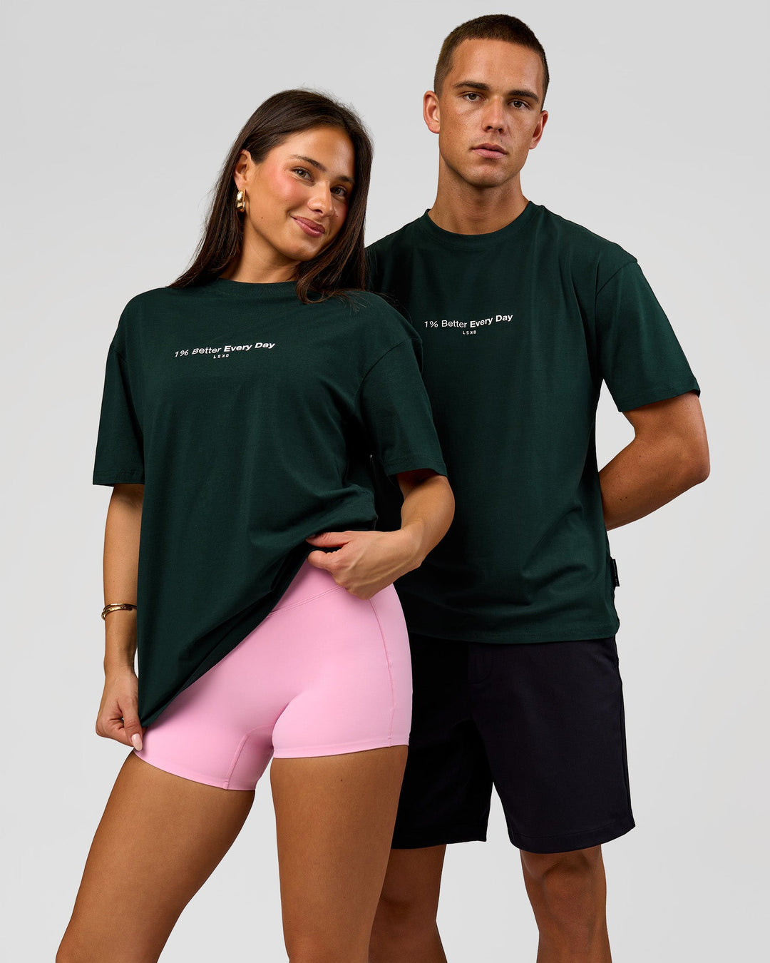 Duo wearing VS6 1% Better FLXCotton Oversize Tee - Midnight Green | Model:Albert | Size:M | Model:Bianca | Size:XS - view 1