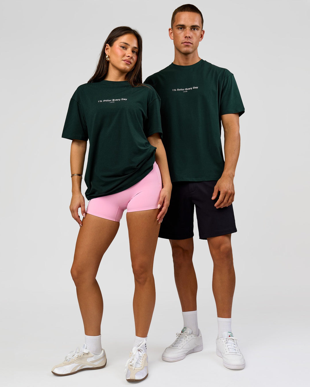 Duo wearing VS6 1% Better FLXCotton Oversize Tee - Midnight Green | Model:Albert | Size:M | Model:Bianca | Size:XS - view 4