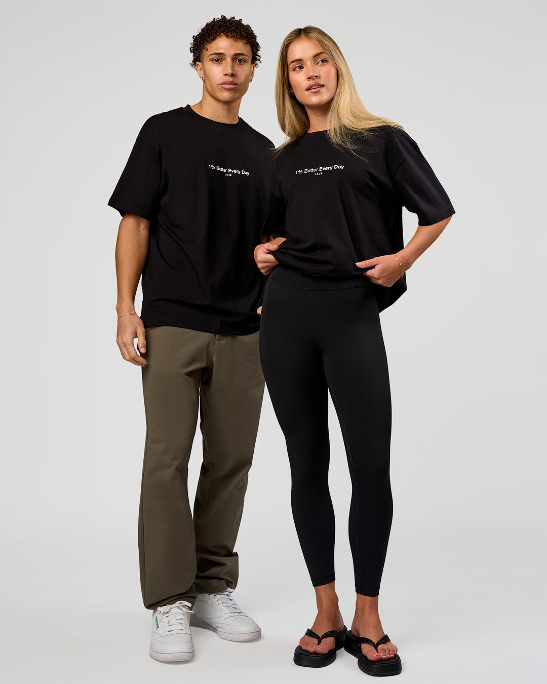 Duo wearing VS6 1% Better FLXCotton Oversize Tee - Black | Model:Leandro | Size:M | Model:Issy | Size:XS - view 4