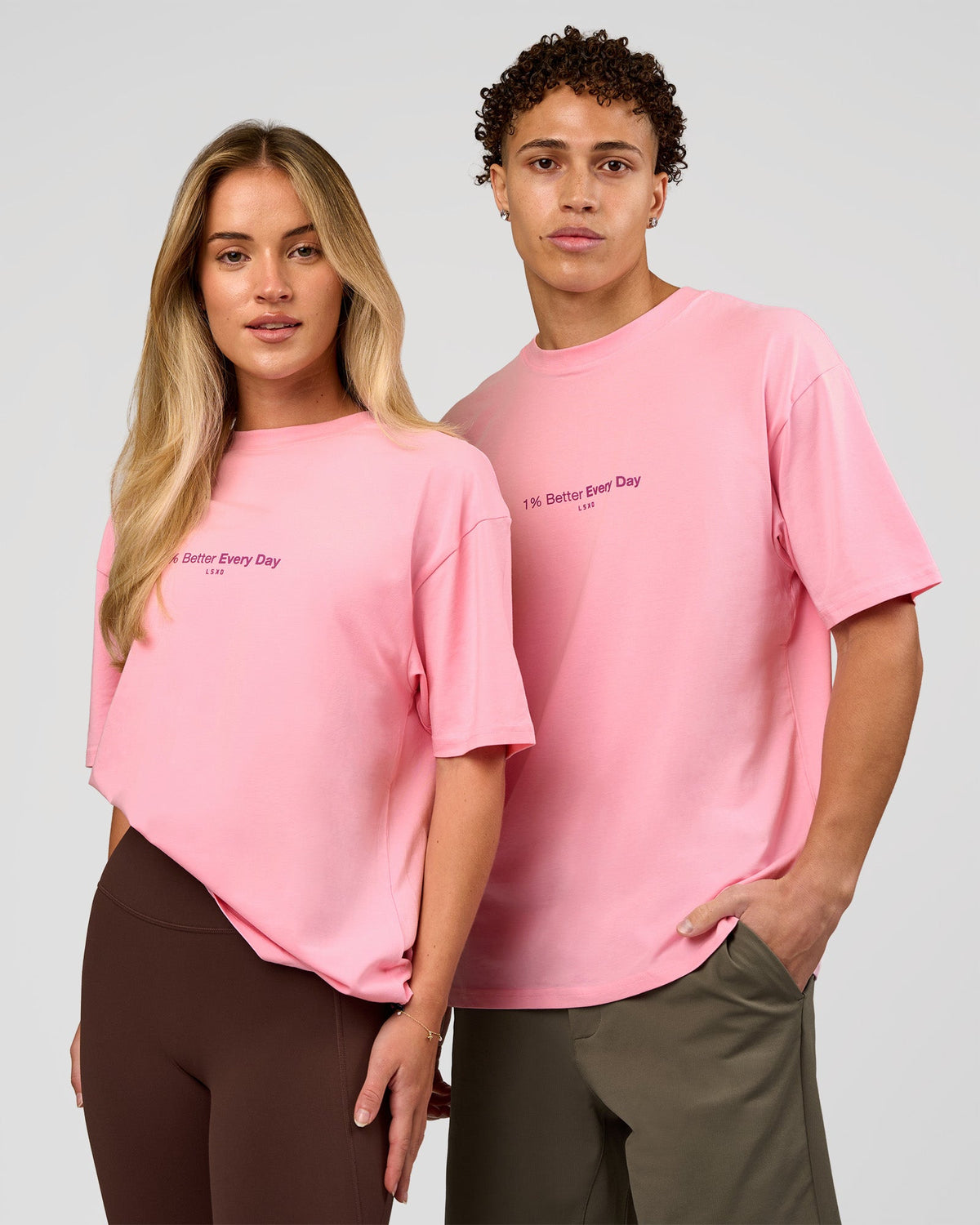 Duo wearing VS6 1% Better FLXCotton Oversize Tee - Pink Rose | Model:Leandro | Size:M | Model:Issy | Size:XS