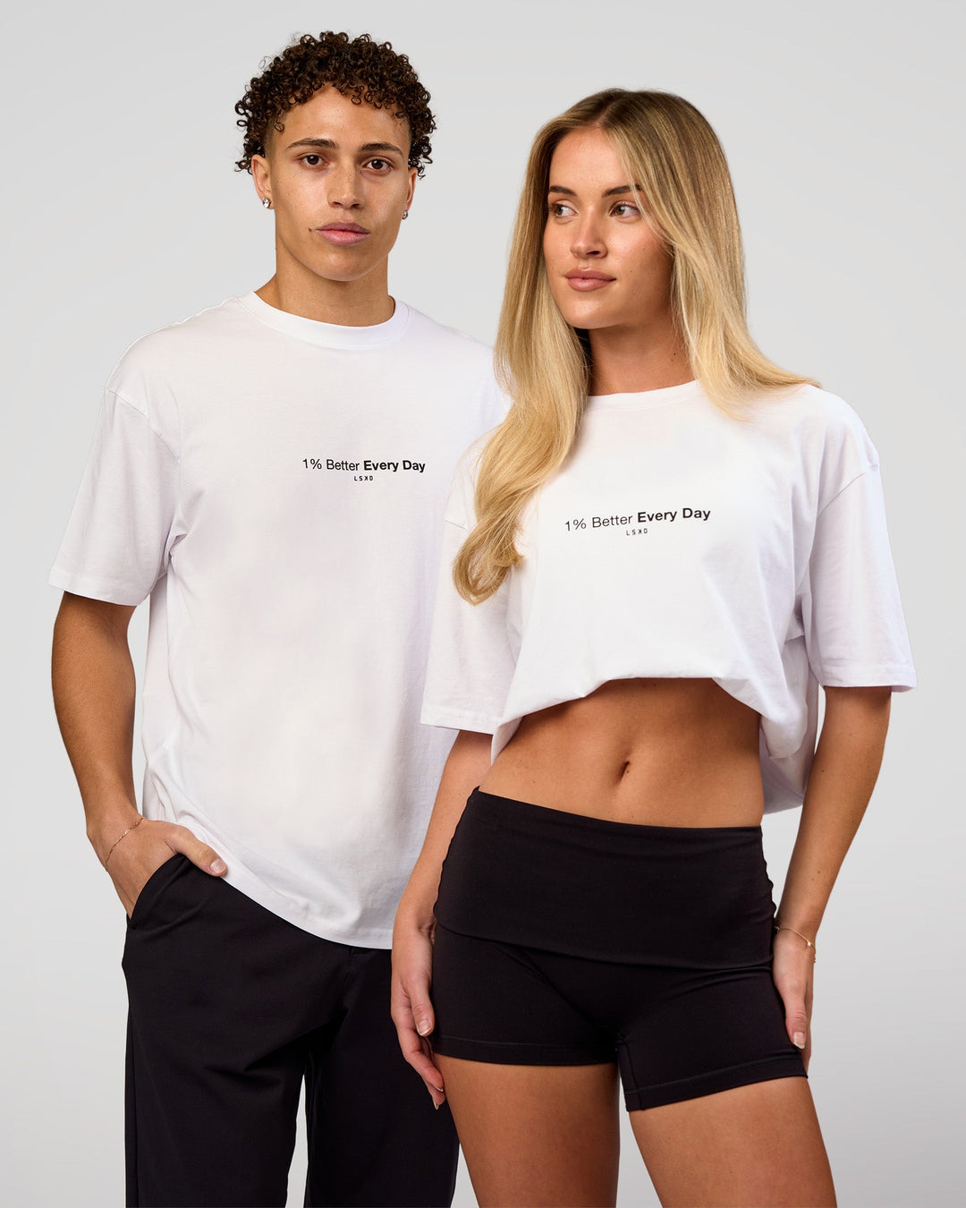 Duo wearing VS6 1% Better FLXCotton Oversize Tee - White | Model:Leandro | Size:M | Model:Issy | Size:XS - view 1