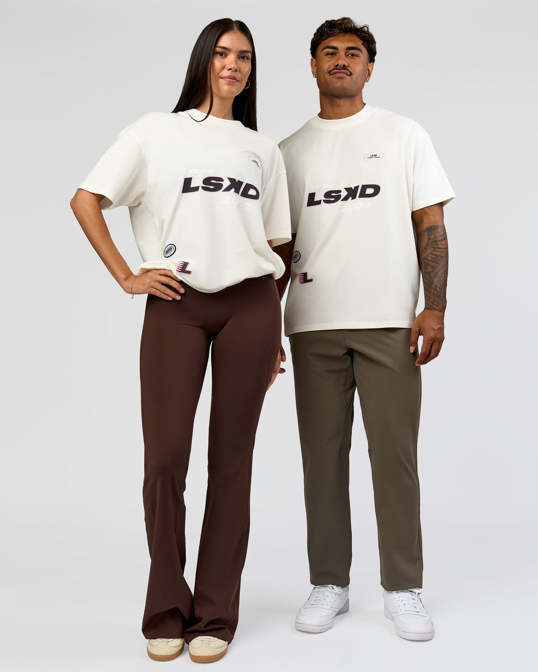 Duo wearing League Heavyweight FLXCotton Oversized Tee - Off White-Ground Coffee | Model:Xs | Size:L | Model:League | Size:RHILEY - view 3