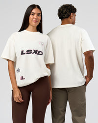 Duo wearing League Heavyweight FLXCotton Oversized Tee - Off White-Ground Coffee | Model:Xs | Size:L | Model:League | Size:RHILEY | Thumbnail Index: 0