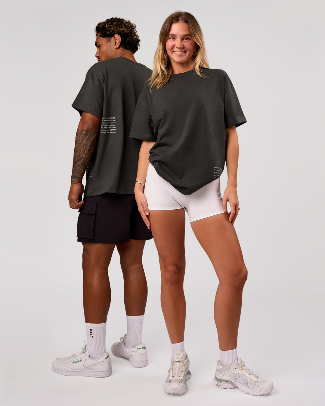 Duo wearing Block Heavyweight Oversized Tee  - Onyx-Alloy | Model:Amity | Size:S | Model:Xav | Size:L - view 4