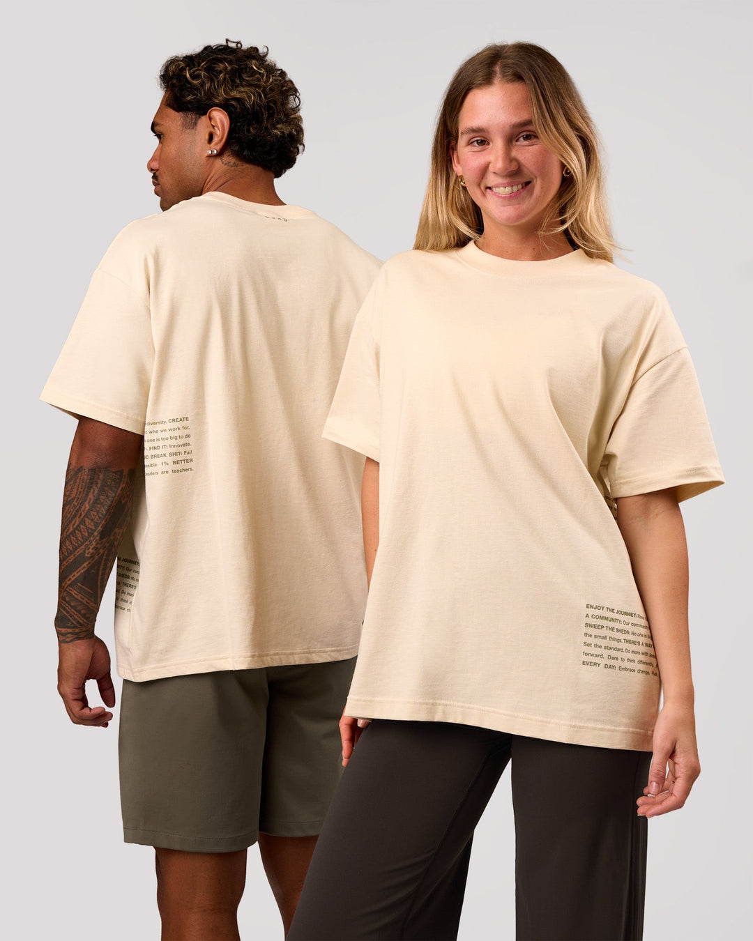 Duo wearing Block Heavyweight Oversized Tee  - Vanilla Bean | Model:Amity | Size:S | Model:Xav | Size:L - view 4