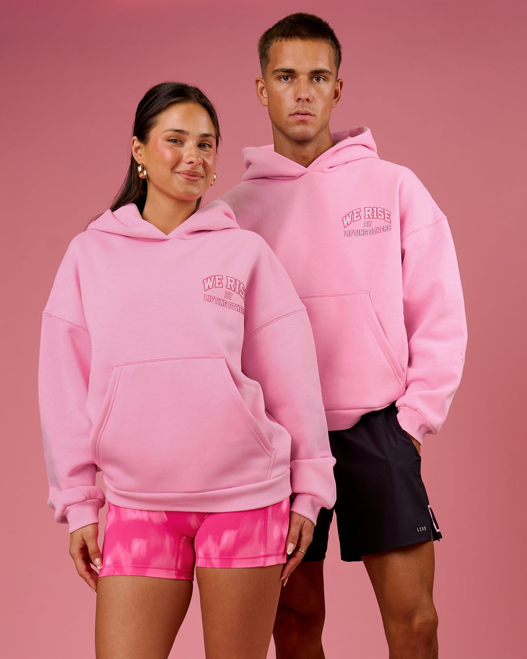 Duo wearing BCAM Heavyweight Boxy Hoodie - Pink Rose | Model:Bianca | Size:S | Model:Albert | Size:M - view 1
