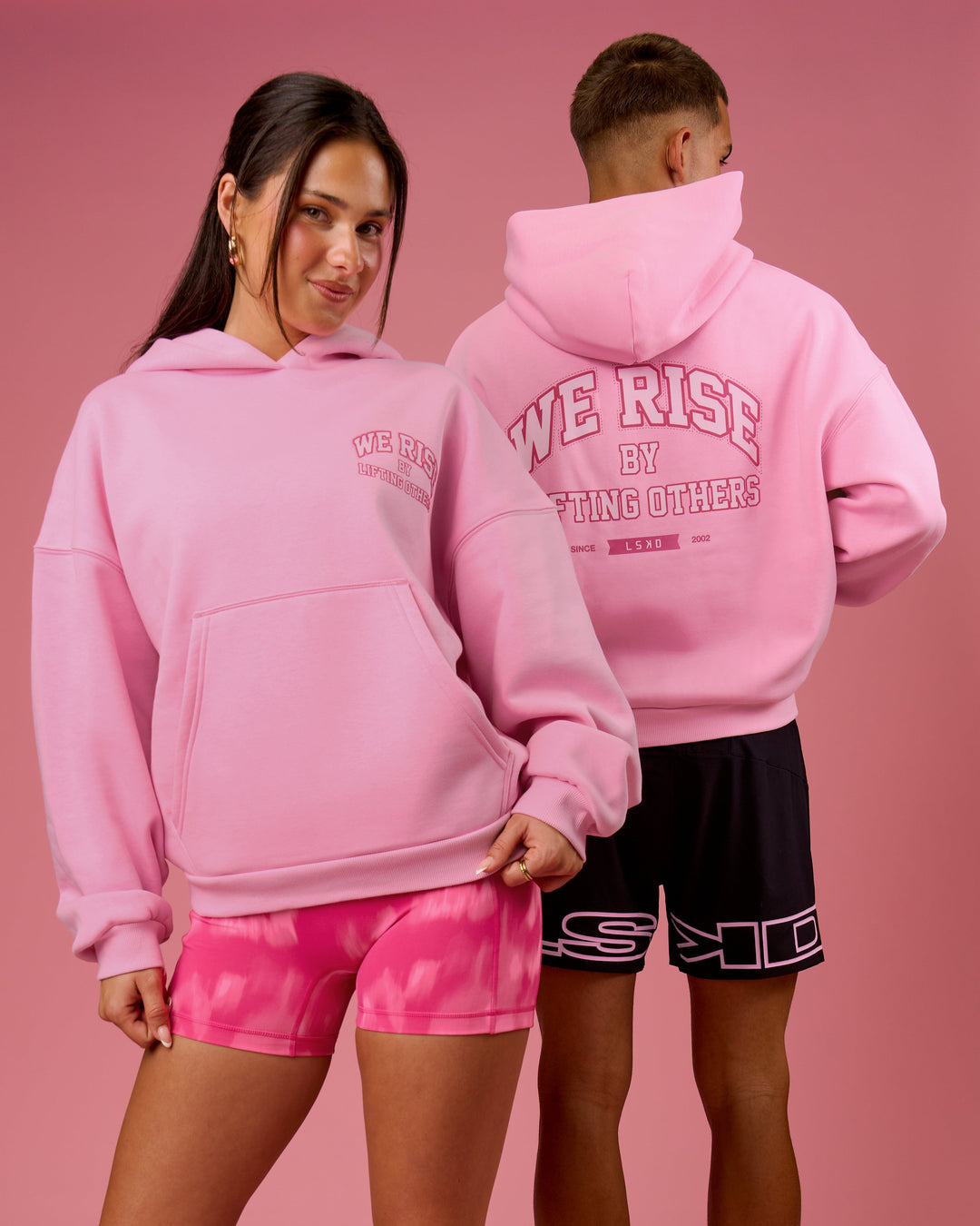 Duo wearing BCAM Heavyweight Boxy Hoodie - Pink Rose | Model:Bianca | Size:S | Model:Albert | Size:M - view 11
