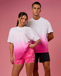 Duo wearing BCAM Ombre Heavyweight FLXCotton Oversized Tee  - White-Ultra Pink | Model:Bianca | Size:S | Model:Albert | Size:M | Thumbnail Index: 0