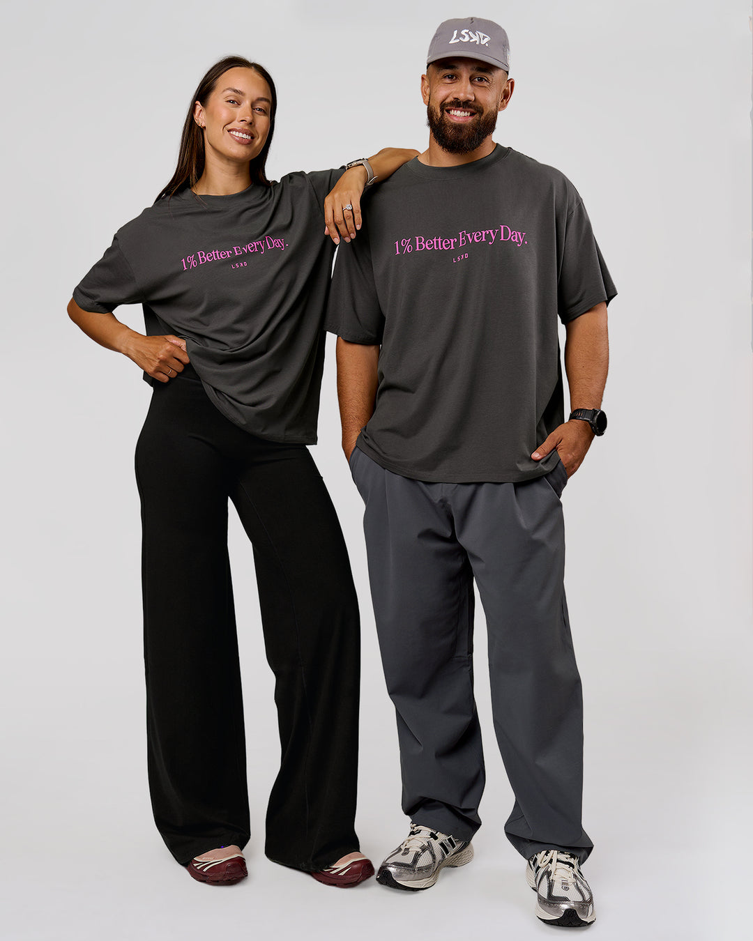 Duo wearing VS6 1% Better Fathers Day FLXCotton Oversized Tee - Dark Storm | Model:Jess | Size:S | Model:Jordan | Size:XL - view 2