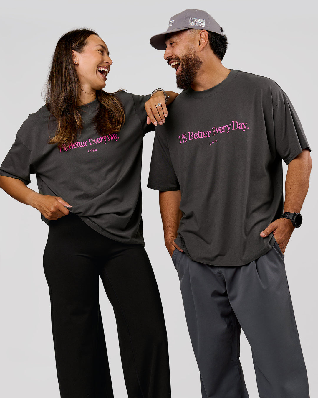 Duo wearing VS6 1% Better Fathers Day FLXCotton Oversized Tee - Dark Storm | Model:Jess | Size:S | Model:Jordan | Size:XL - view 5
