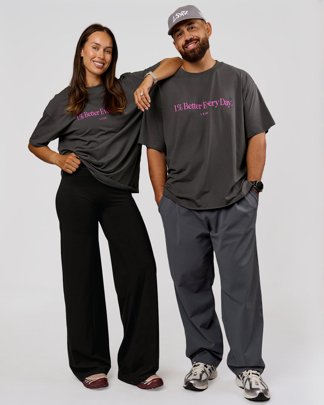 Duo wearing VS6 1% Better Fathers Day FLXCotton Oversized Tee - Dark Storm | Model:Jess | Size:S | Model:Jordan | Size:XL - view 11