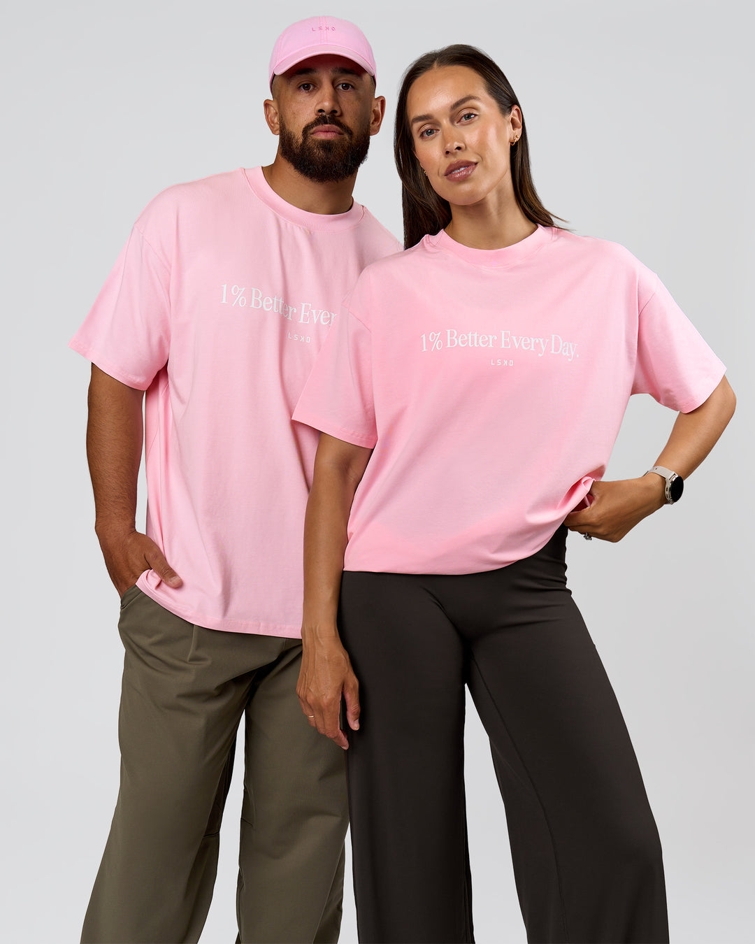 Duo wearing VS6 1% Better Fathers Day FLXCotton Oversized Tee - Marshmallow | Model:Jess | Size:S | Model:Jordan | Size:XL - view 4