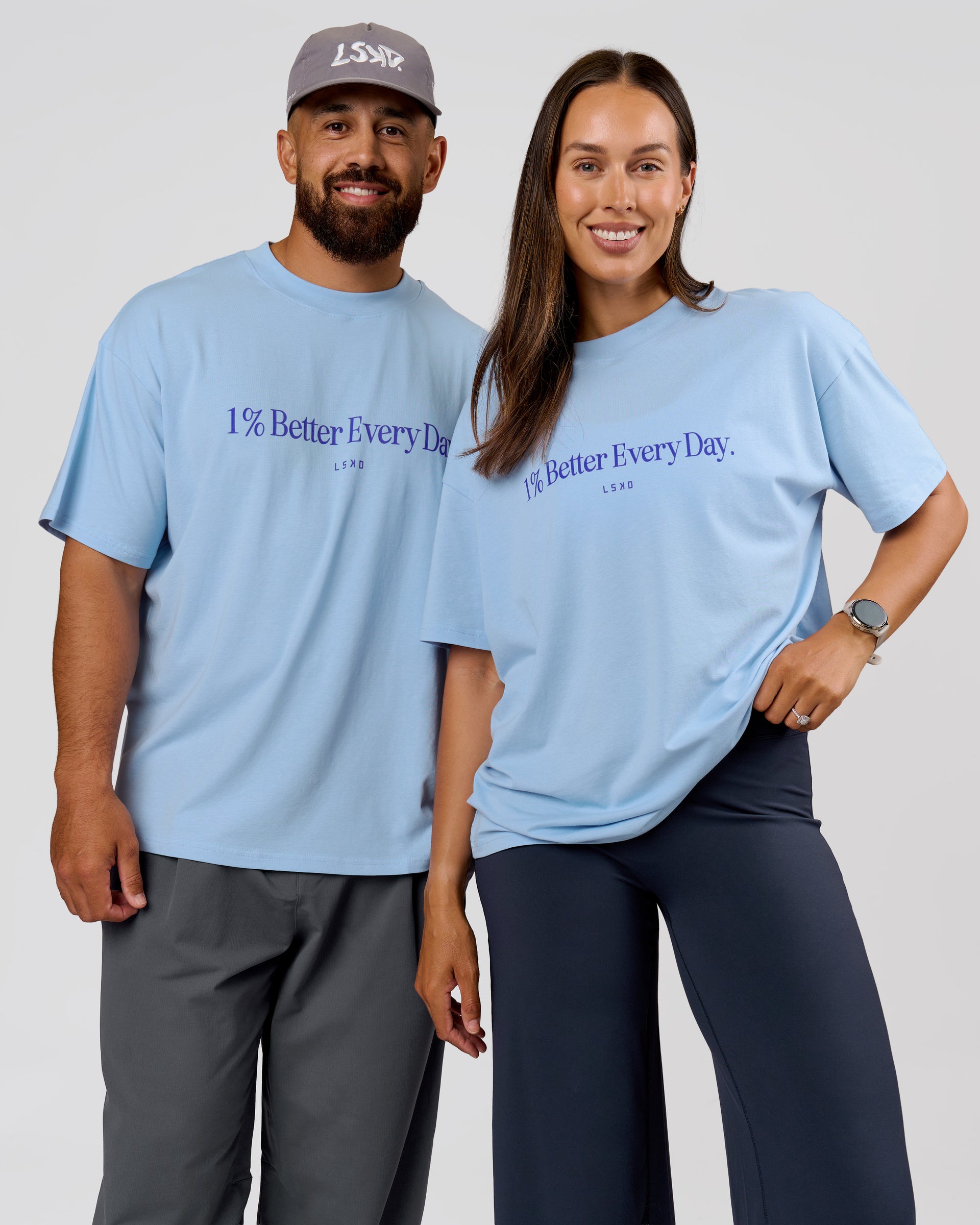 Duo wearing VS6 1% Better Fathers Day FLXCotton Oversized Tee - Open Air | Model:Jess | Size:S | Model:Jordan | Size:XL