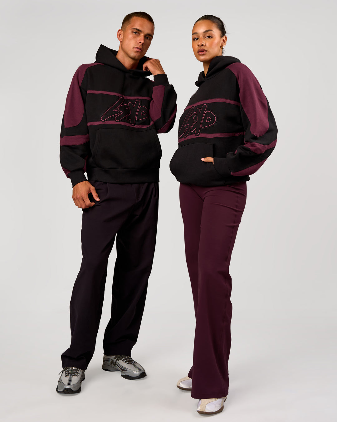 Duo wearing Vibe Oversized Hoodie - Black-Cherry Lacquer | Model:Rosie | Size:S | Model:Albert | Size:M - view 3