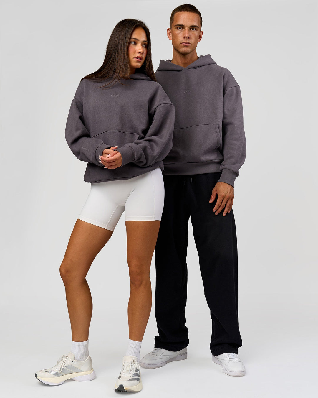 Duo wearing Base Oversized Hoodie - Duskstone | Model:Bianca | Size:XS | Model:Albert | Size:M - view 3
