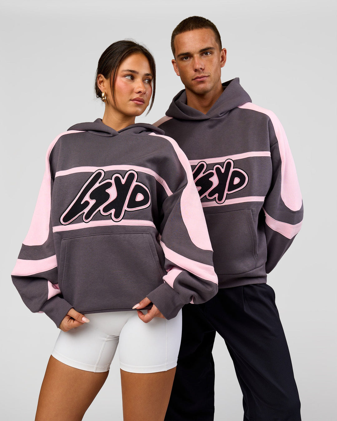 Duo wearing Vibe Oversized Hoodie - Duskstone-Marshmallow | Model:Bianca | Size:XS | Model:Albert | Size:M - view 1