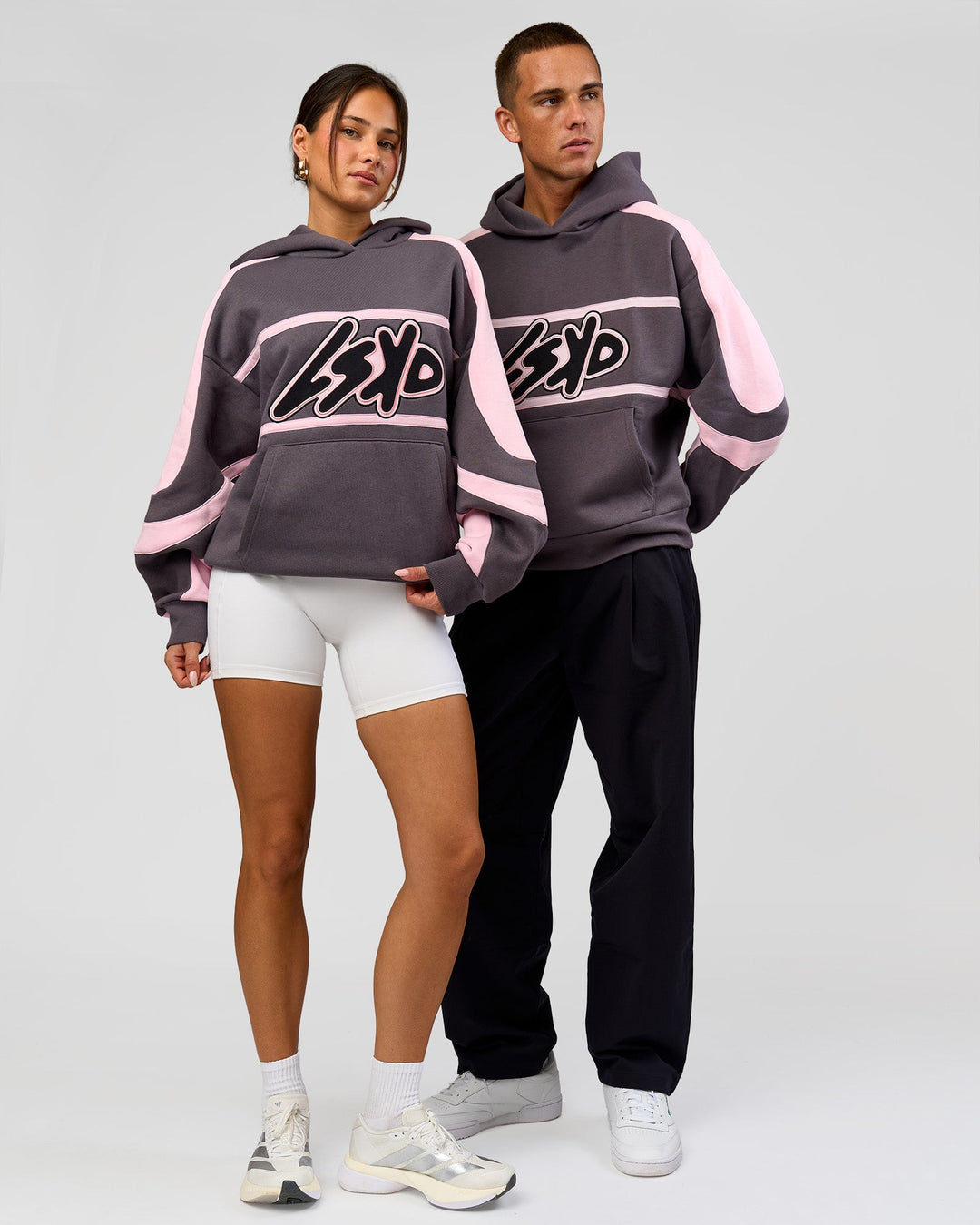 Duo wearing Vibe Oversized Hoodie - Duskstone-Marshmallow | Model:Bianca | Size:XS | Model:Albert | Size:M - view 7