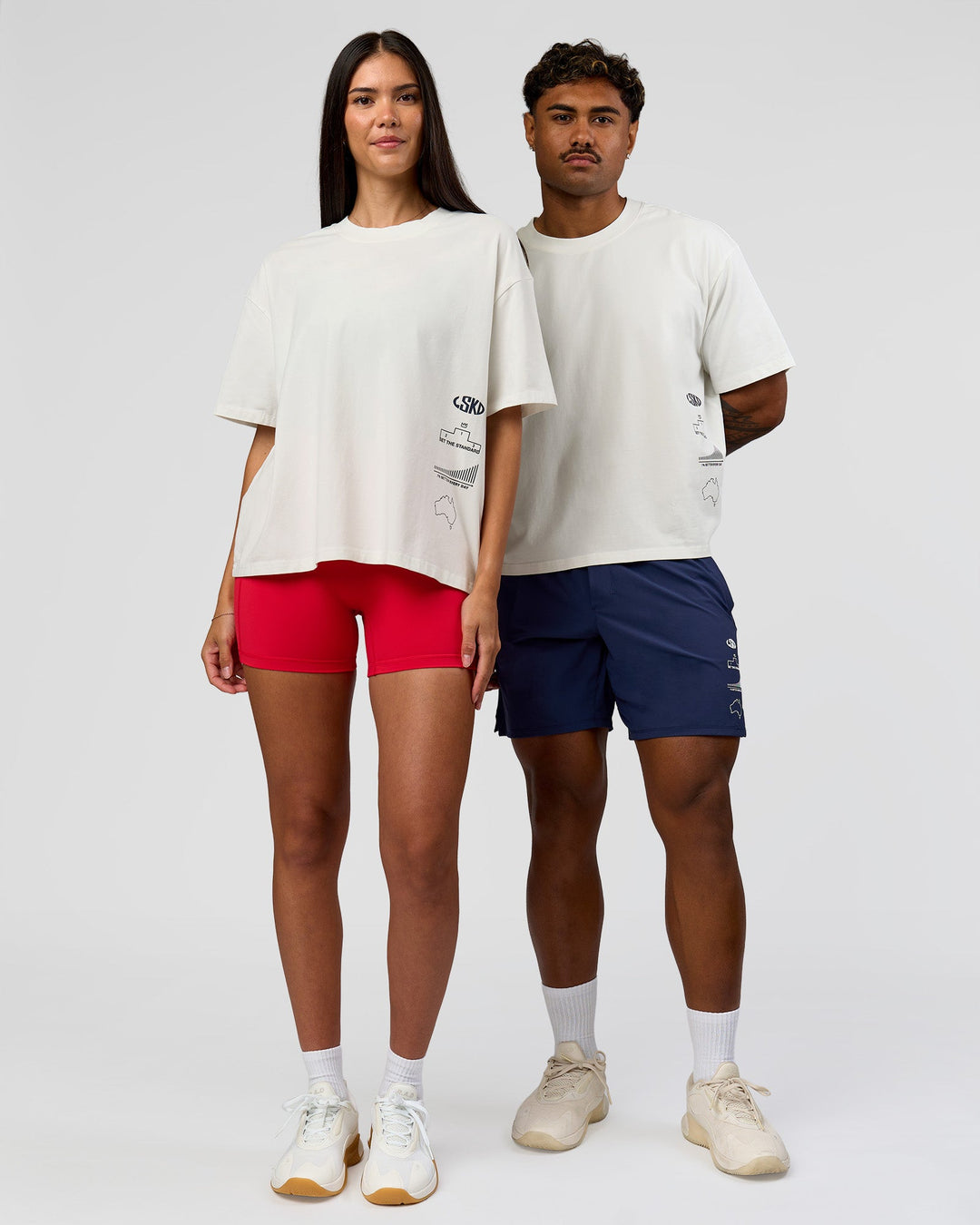 Duo wearing Greatest of All Time Heavyweight FLXCotton Boxed Tee - Off White Washed | Model:Rhiley| Size:XS | Model:Xav | Size:L - view 1