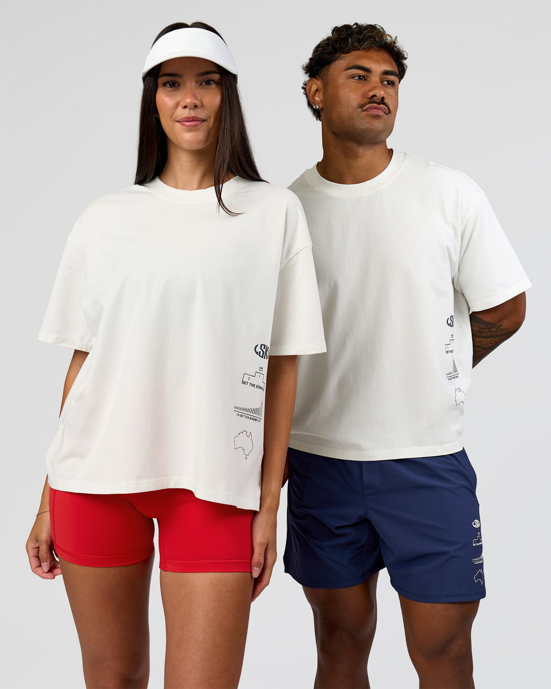 Duo wearing Greatest of All Time Heavyweight FLXCotton Boxed Tee - Off White Washed | Model:Rhiley| Size:XS | Model:Xav | Size:L - view 2