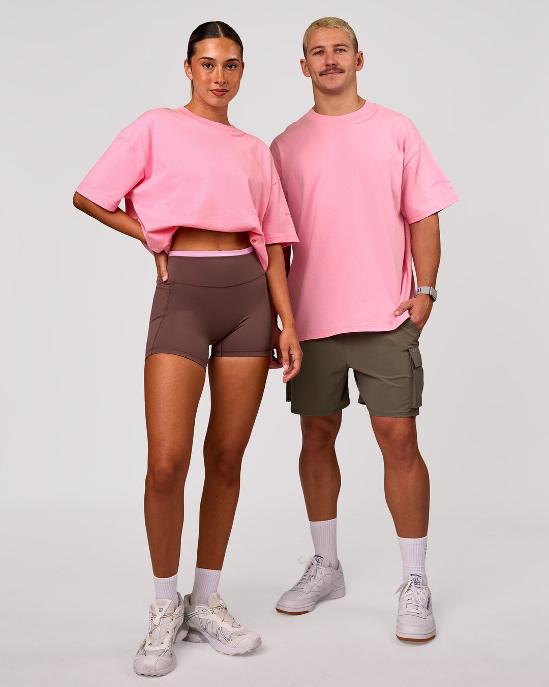 Duo wearing Bree Heavyweight Oversized Tee - Pink Rose | Model:Charli | Size:XS | Model:Jaiden | Size:L - view 1