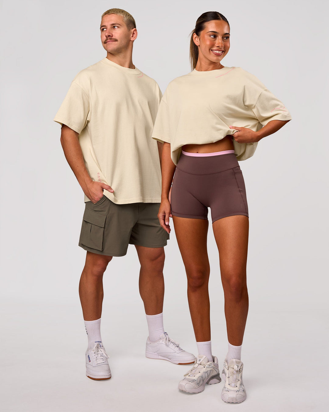 Duo wearing Bree Heavyweight Oversized Tee - Vanilla Bean | Model:Charli | Size:XS | Model:Jaiden | Size:L - view 1