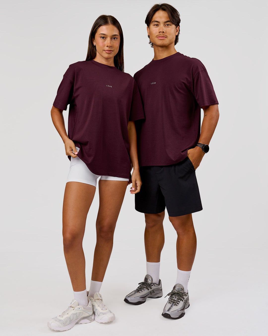 Duo wearing VS26 1% Better FLXCotton Oversize Tee - Cherry Lacquer-Off White | Model:Charli | Size:XS | Model:George | Size:M - view 7