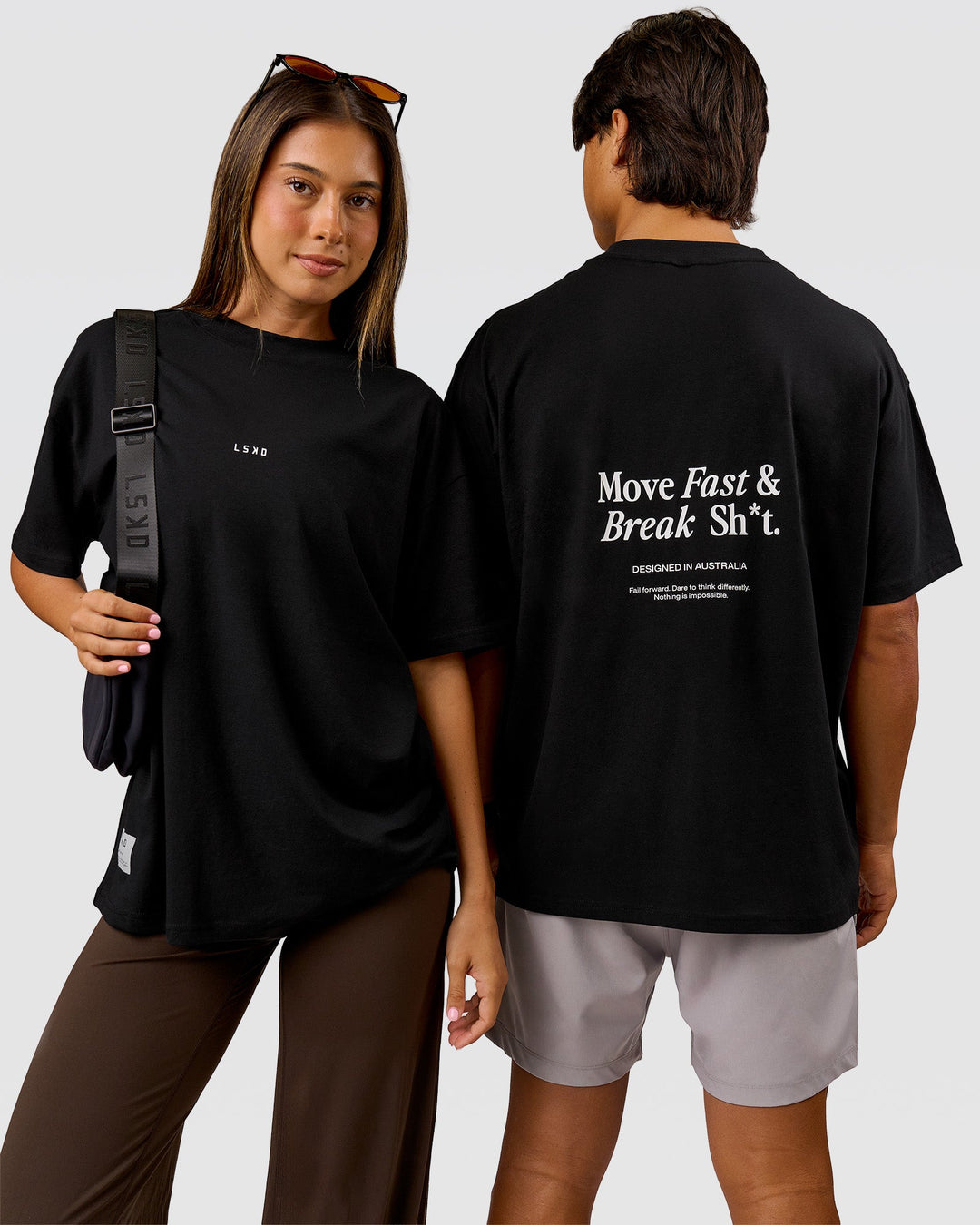Duo wearing VS26 MFBS FLXCotton Oversize Tee - Black-White | Model:Charli | Size:XS | Model:George | Size:M - view 1