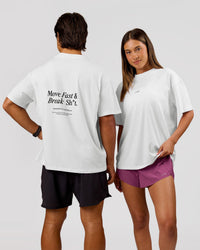 Duo wearing VS26 MFBS FLXCotton Oversize Tee - White-Black | Model:Charli | Size:XS | Model:George | Size:M | Thumbnail Index: 0