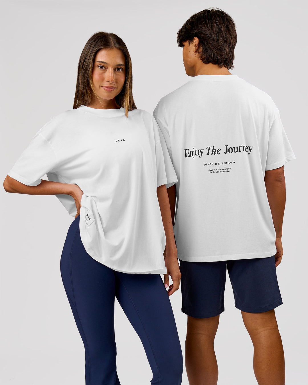 Duo wearing VS26 Journey FLXCotton Oversize Tee - White-Black | Model:Charli | Size:XS | Model:Journey | Size:VS26 - view 10