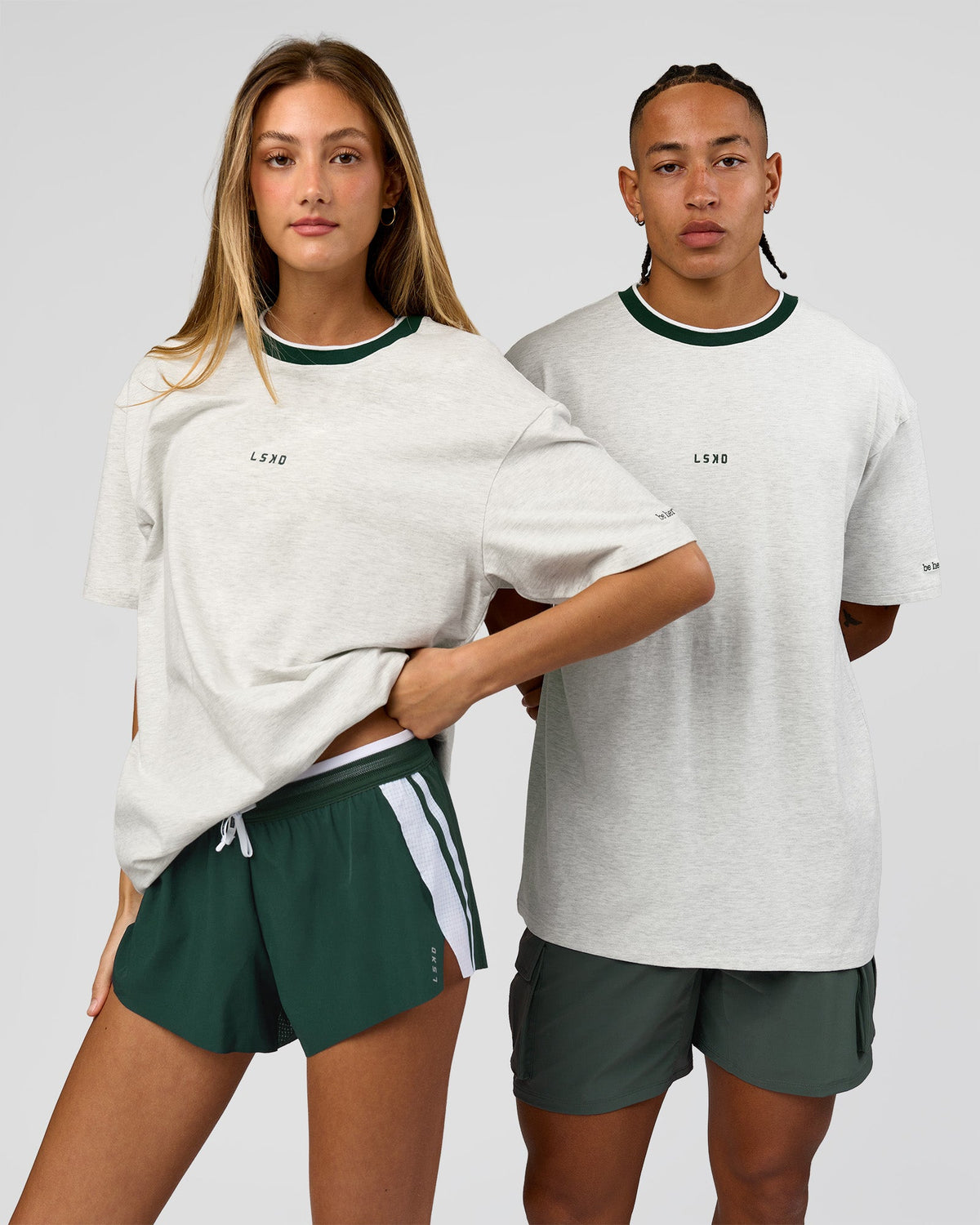 Duo wearing Be Here Now Heavyweight FLXCotton Tee Oversize - Silver Marl-Midnight Green | Model:Georgia | Size:XS | Model:Malebo | Size:M