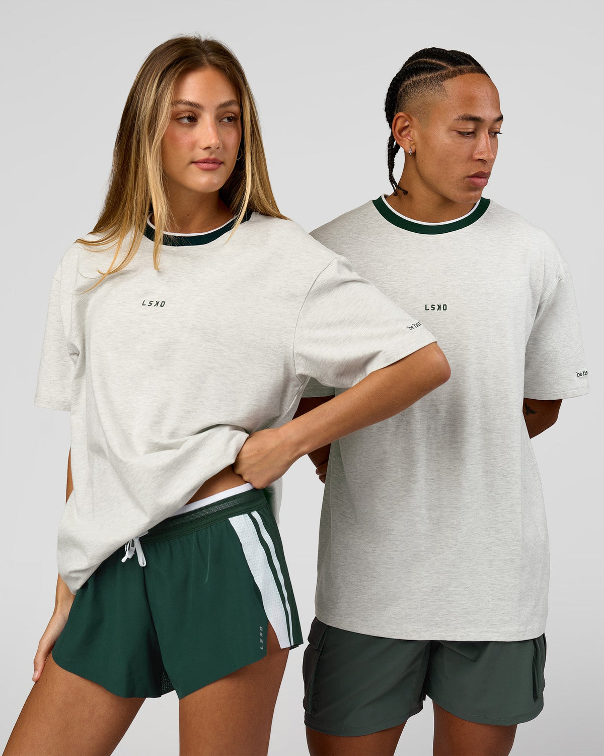 Duo wearing Be Here Now Heavyweight FLXCotton Tee Oversize - Silver Marl-Midnight Green | Model:Georgia | Size:XS | Model:Malebo | Size:M
