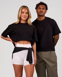 Duo wearing Progression Super Heavyweight Boxed Tee - Black-Black | Model:Issy | Size:XS | Model:Xav | Size:L | Thumbnail Index: 0