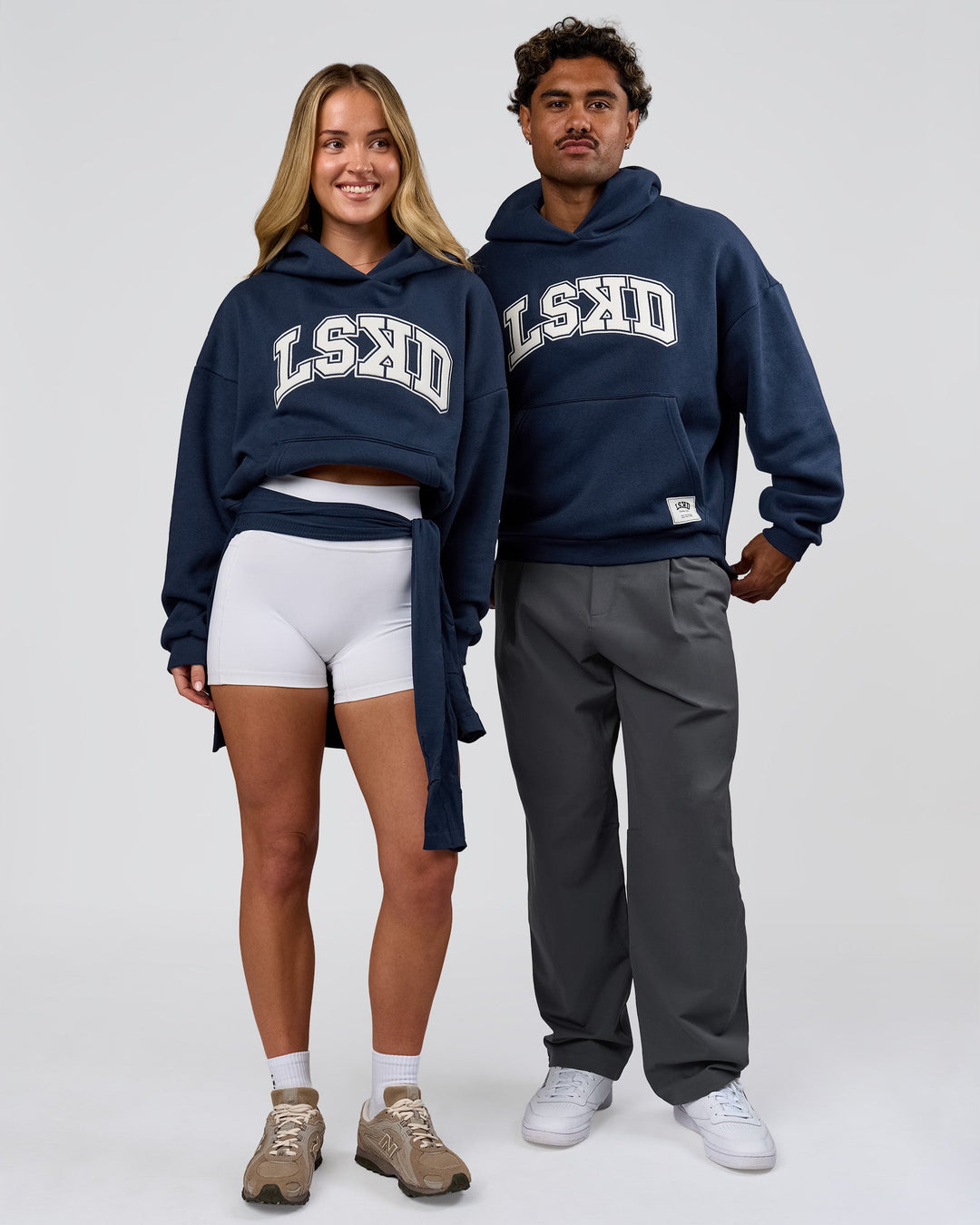 Duo wearing Varsity Boxy Hoodie - Future Navy-White | Model:Issy | Size:XS | Model:Xav | Size:L - view 13