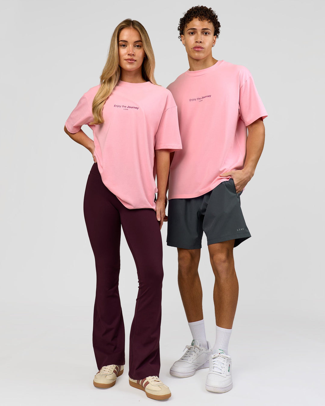 Duo wearing VS1 Enjoy The Journey FLXCotton Oversize Tee - Pink Rose | Model:Issy | Size:XS | Model:Leandro | Size:M - view 5