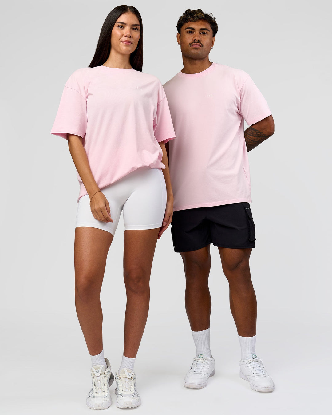 Duo wearing Dare To Think FLXCotton Tee Oversize - Marshmallow Washed-White | Model:Rhiley | Size:XS | Model:Xav | Size:L - view 7