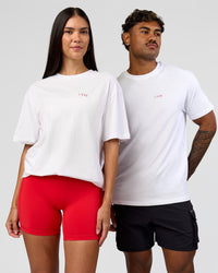 Duo wearing Dare To Think FLXCotton Tee Oversize - White-Scarlet | Model:Rhiley | Size:XS | Model:Xav | Size:L | Thumbnail Index: 1