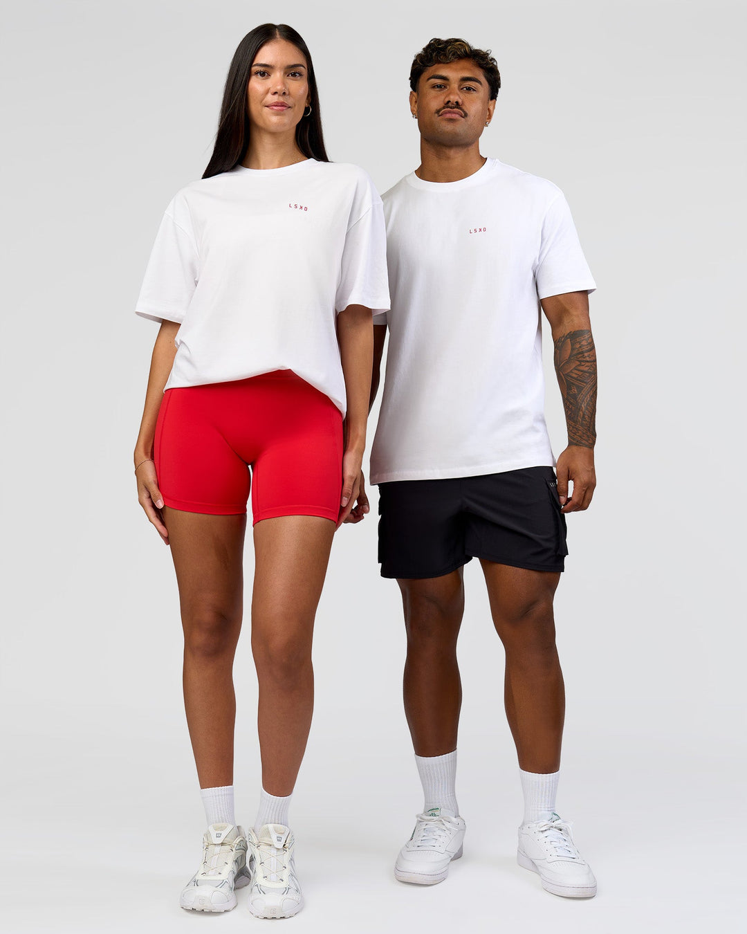 Duo wearing Dare To Think FLXCotton Tee Oversize - White-Scarlet | Model:Rhiley | Size:XS | Model:Xav | Size:L - view 7