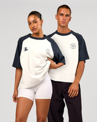 Duo wearing Victory Heavyweight Boxed Raglan Tee - Silver Marl-Midnight Navy | Model:Rosie | Size:XS | Model:Albert | Size:M | Thumbnail Index: 0