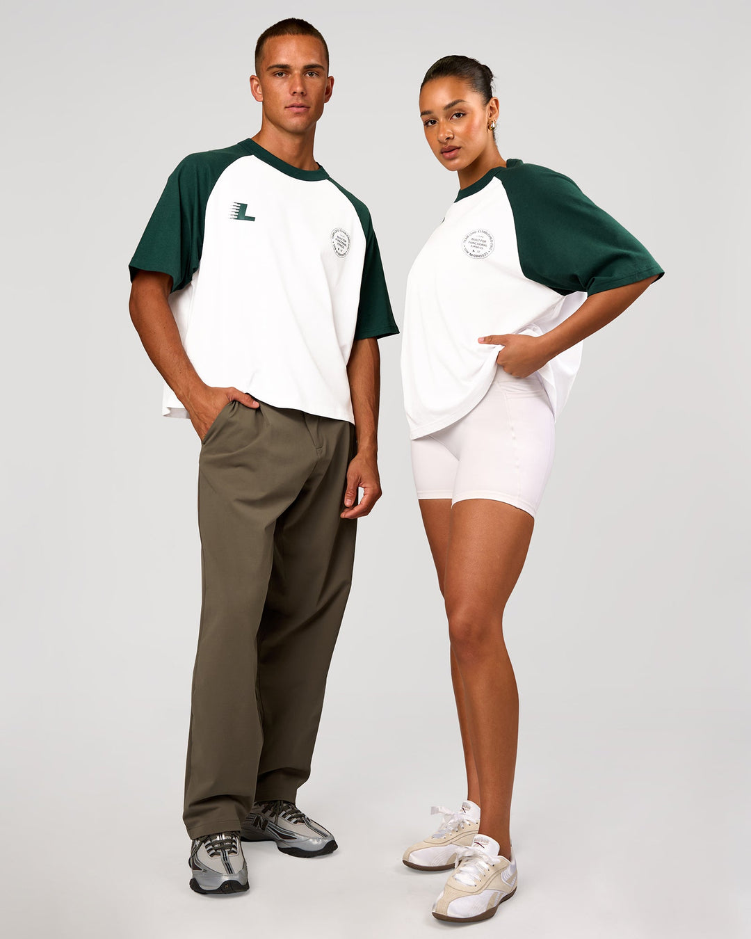 Duo wearing Victory Heavyweight Boxed Raglan Tee - White-Midnight Green | Model:Rosie | Size:XS | Model:Albert | Size:M - view 7