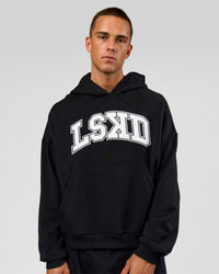 Man wearing Varsity Boxy Hoodie - Caviar-White | Model:Albert | Size:L