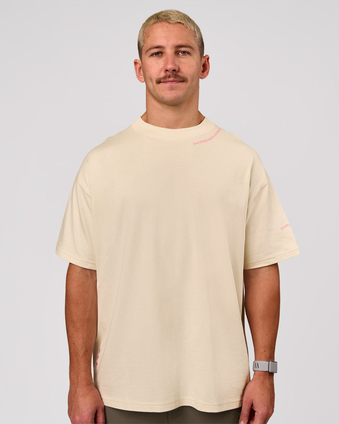 Man wearing Bree Heavyweight Oversized Tee - Vanilla Bean | Model:Jaiden | Size:L - view 4