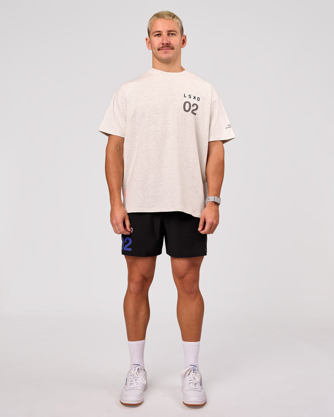 Man wearing Hybrid Elements Heavyweight FLXCotton Oversized Tee  - Silver Marl | Model:Jaiden | Size:L - view 14