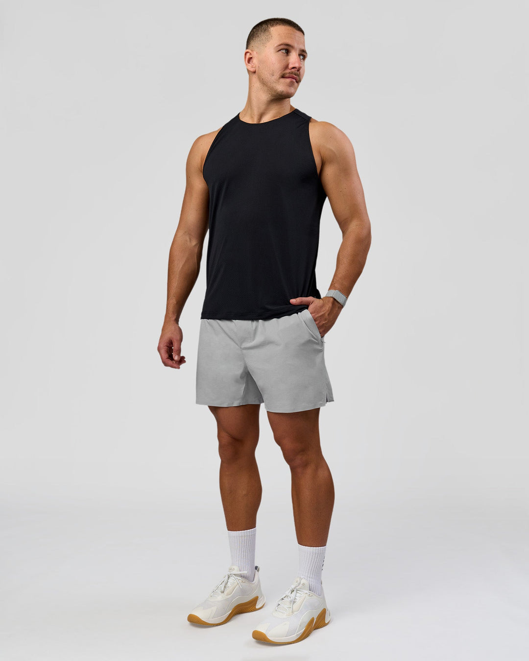 Man wearing Hybrid Lined 5" Short - Alloy | Model:Jaiden | Size:L - view 5